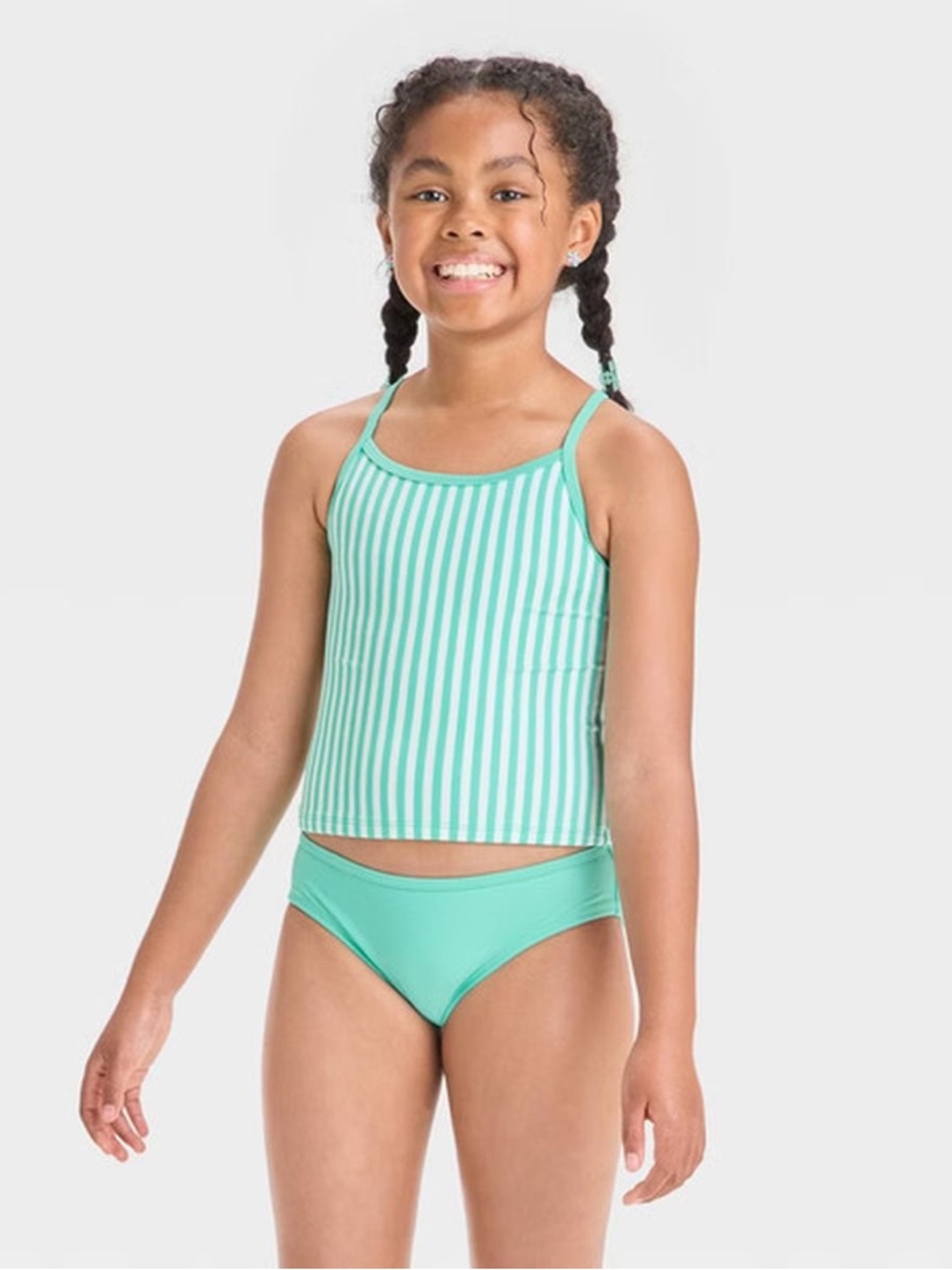 Cat & Jack Girls' Aqua & White Striped Tankini with Solid Aqua Bottoms